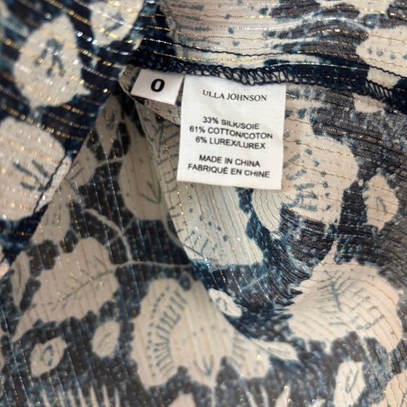 ULLA JOHNSON Dira‎ Top Indigo Metallic Ruffle Size 0 Flutter Sleeve Tassel Tie - Picture 15 of 16